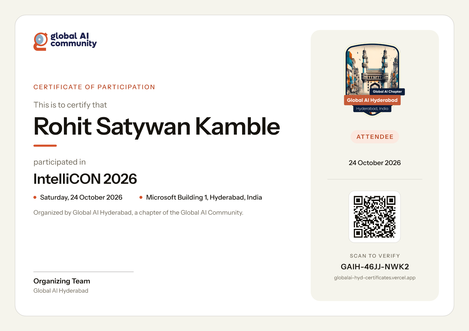Certificate of Participation for Rohit Satywan Kamble, IntelliCON 2026